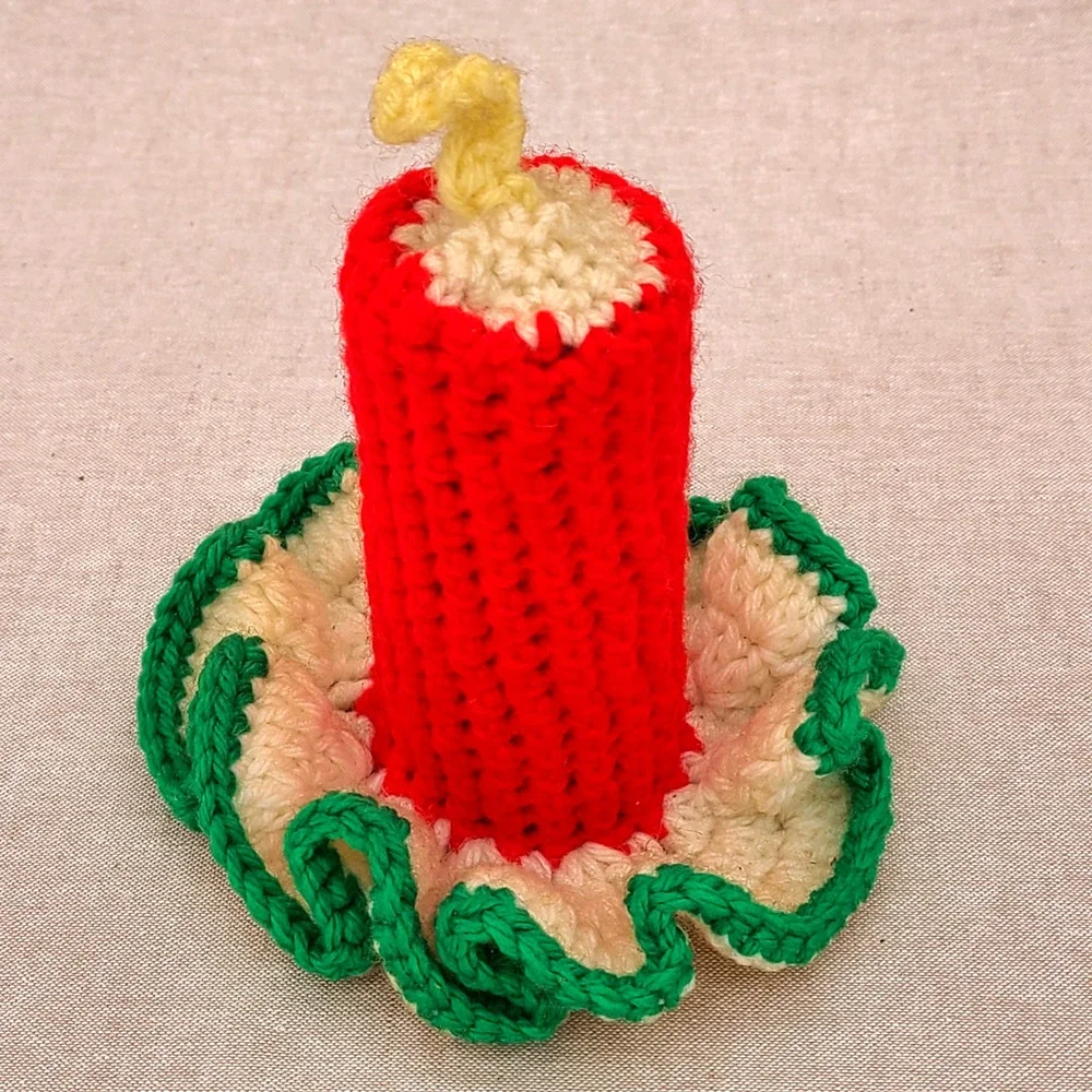 Vtg Red Green Hand Crocheted Christmas Candle on Toilet Paper Roll Granny Core